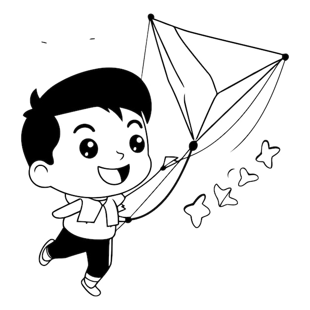 Cute boy flying a kite in cartoon style