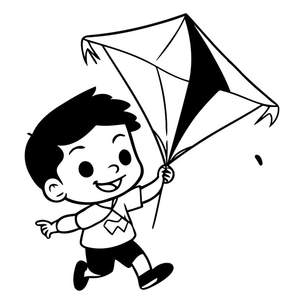 Vector cute boy flying a kite in cartoon style