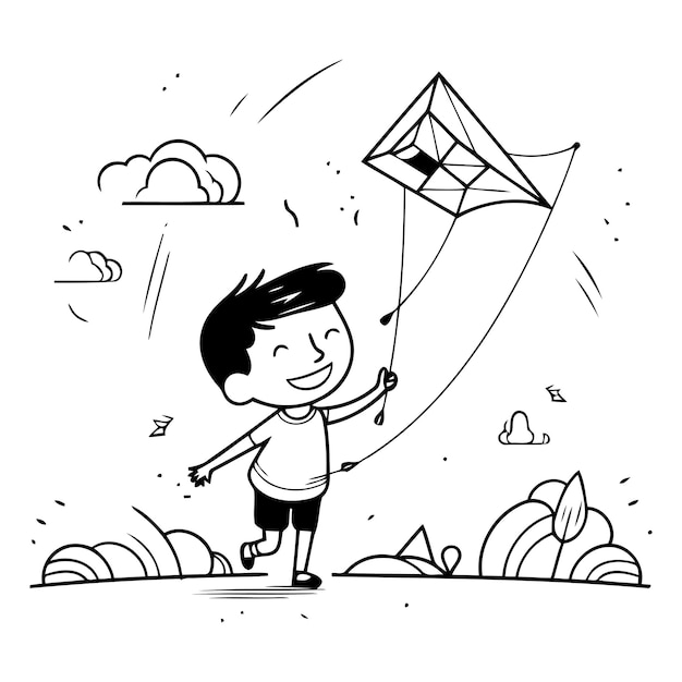 Vector cute boy flying a kite in the park