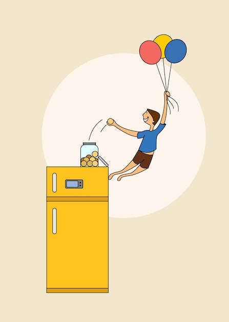 Cute boy flying with balloons flat vector