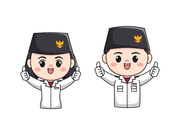 Cute boy and girl character heritage flag hoisting troop indonesia independence day with thumbs up