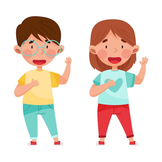 Cute Boy and Girl Characters Giving Oath Vector Illustration