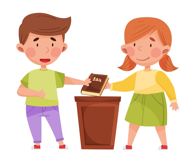 Cute Boy and Girl Characters Giving Oath with Bible Vector Illustration