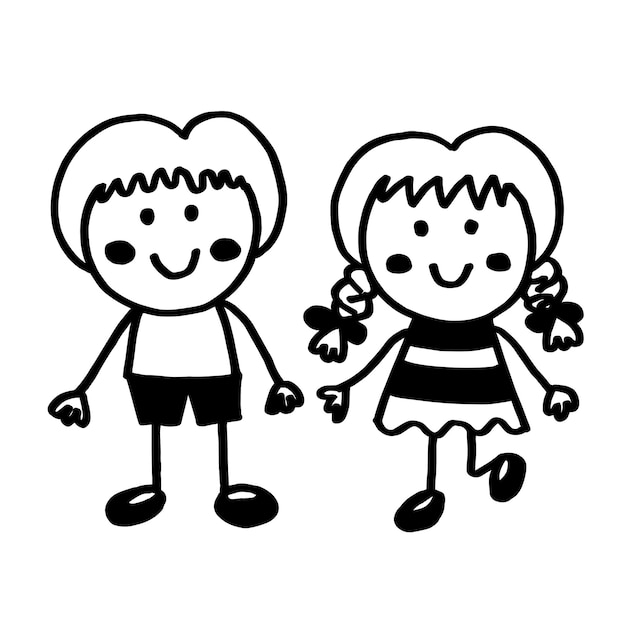 Cute Boy and Girl Doodle Art Cartoon Hand Draw Black Line On White Background