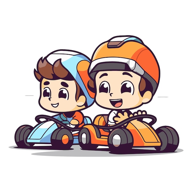 Vector cute boy and girl driving a kart