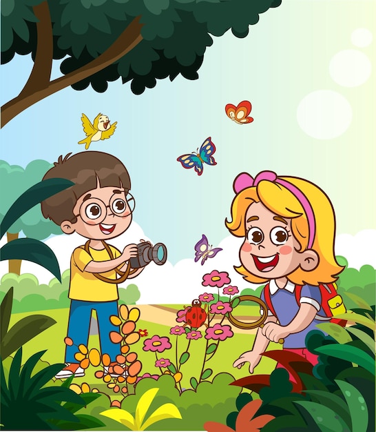자연에서 곤충을 탐구하는 귀여운 소년과 소녀 만화 터 일러스트레이션