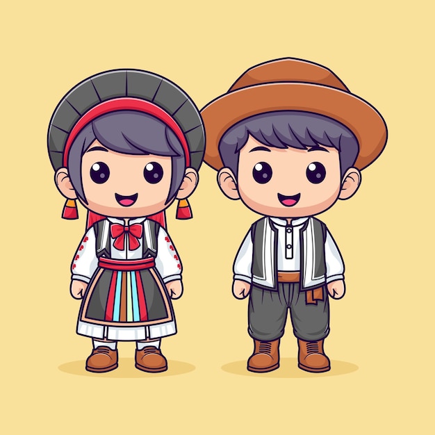 Vector cute boy and girl in folk costumes culture and traditions of romania vector icon illustration