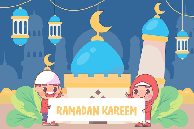 Cute boy and girl greeting Ramadan Kareem