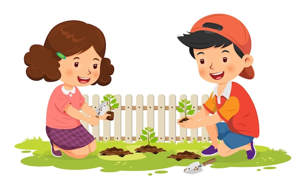 かわいい男の子と女の子の幸せな植栽木
