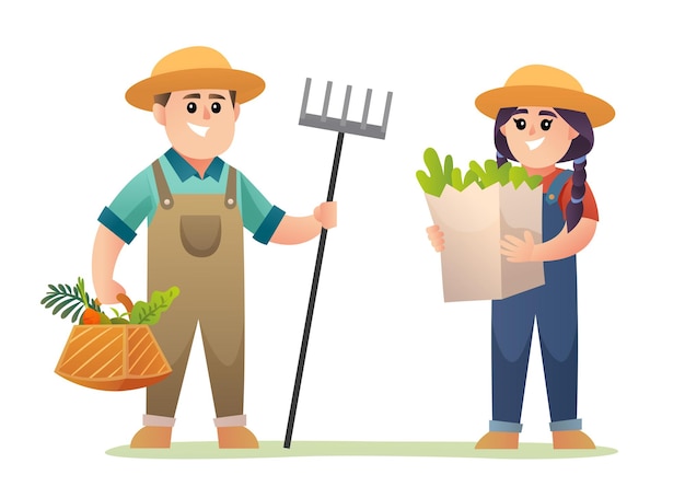 Cute boy and girl harvest farmer holding organic vegetables illustration