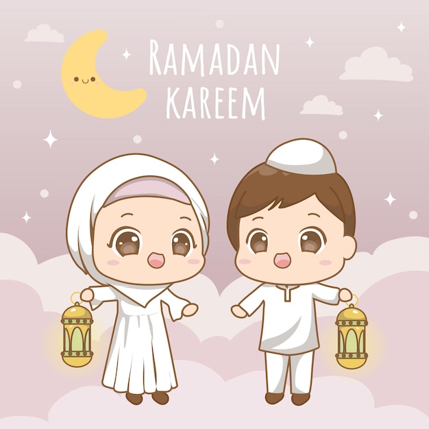 Cute boy and girl holding lantern celebrating Ramadan Kareem flat cartoon illustration