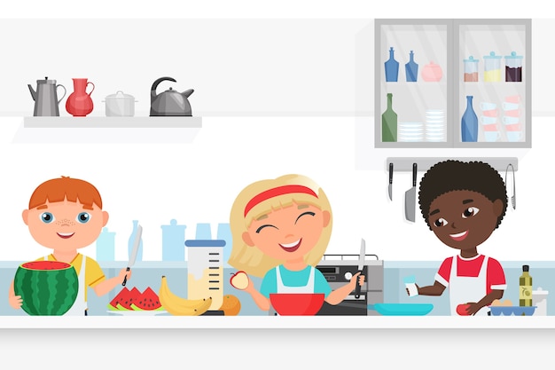Vector cute boy and girl kids chef cooking in the kitchen