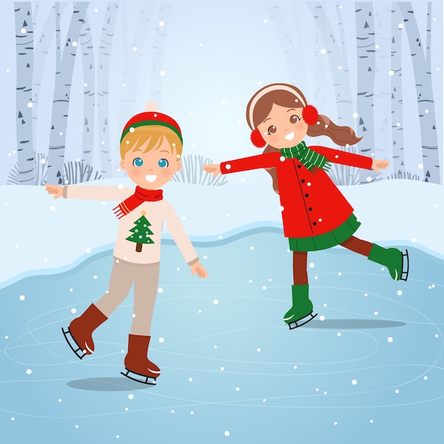 Vector cute boy and girl kids playing on snowy landscape. ice skating. winter outdoor activity.