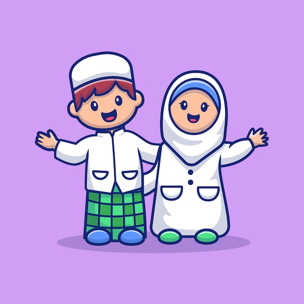 Cute Boy And Girl Moslem Illustration. Ramadan Mascot Cartoon Character. Person    . Flat Cartoon Style