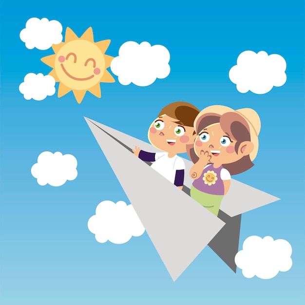 Cute boy and girl on paper plane cartoon, children illustration