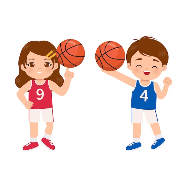 Cute boy and girl pose with basket ball