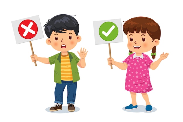 Vector cute boy and girl standing holding with right and wrong signs. vector illustration