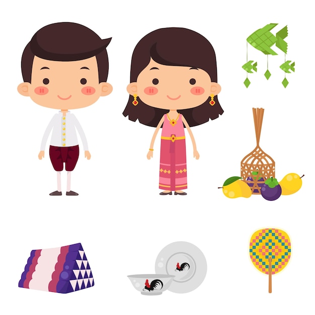 Vector cute boy and girl in thailand traditional