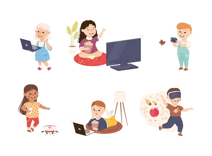 Vector cute boy and girl using gadget and electronic device vector set