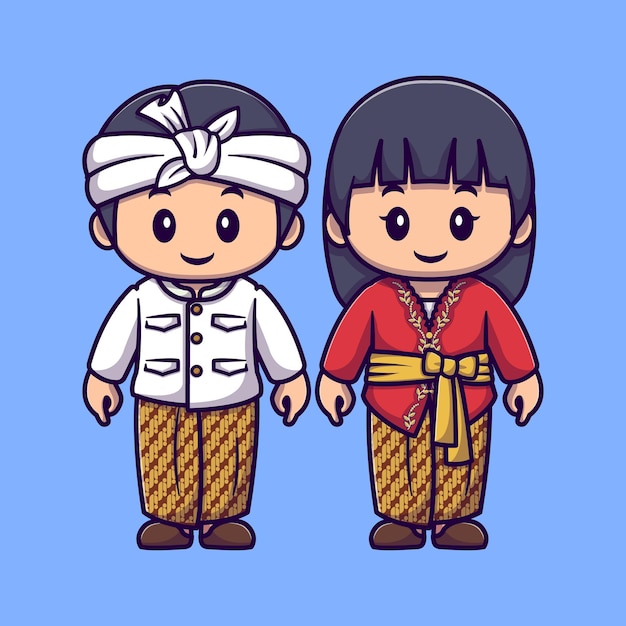 Cute boy and girl wearing traditional indonesian clothes cartoon vector icon illustration