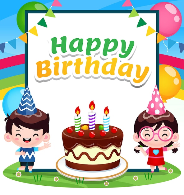 Vector cute boy and girl with big happy birthday banner