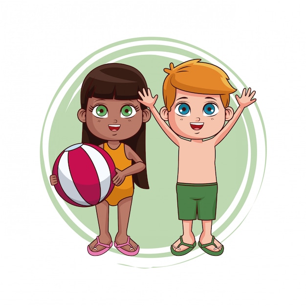 Cute boy and girl with swim suit cartoons 