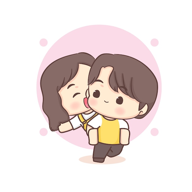 Cute Boy Giving His Girlfriend a Piggy Back Ride. Happy valentine chibi lovers couple cartoon