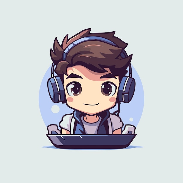 Vector cute boy in headphones playing video game vector cartoon illustration
