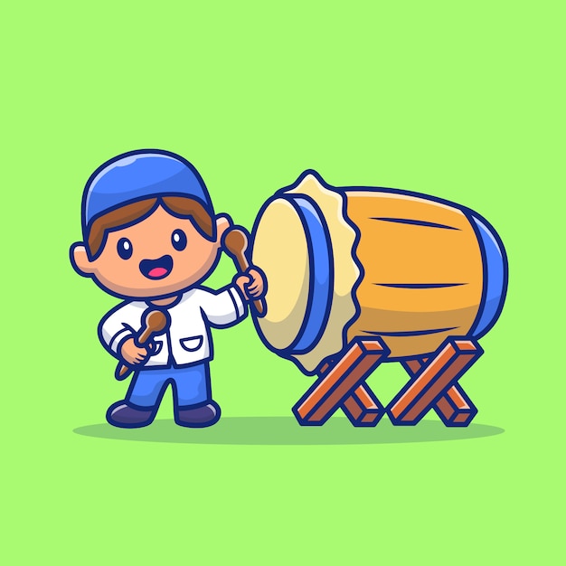 Cute Boy Hitting Bedug Drum With Stick Cartoon   Icon Illustration. People Religion Icon Concept Isolated  . Flat Cartoon Style