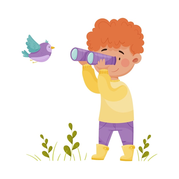 cute boy holding binoculars exploring flying bird vector illustration