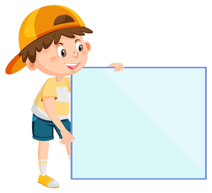 Vector cute boy holding blank board in cartoon style