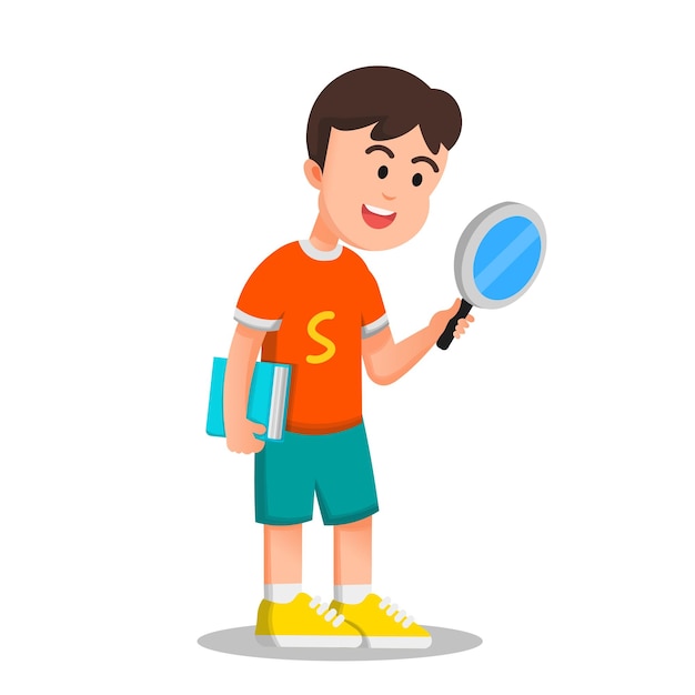 Vector a cute boy holding a book and a magnifying glass curious to observe something