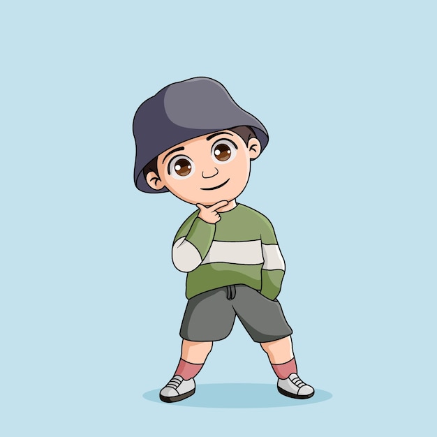 Vector cute boy holding chin with two fingers illustration