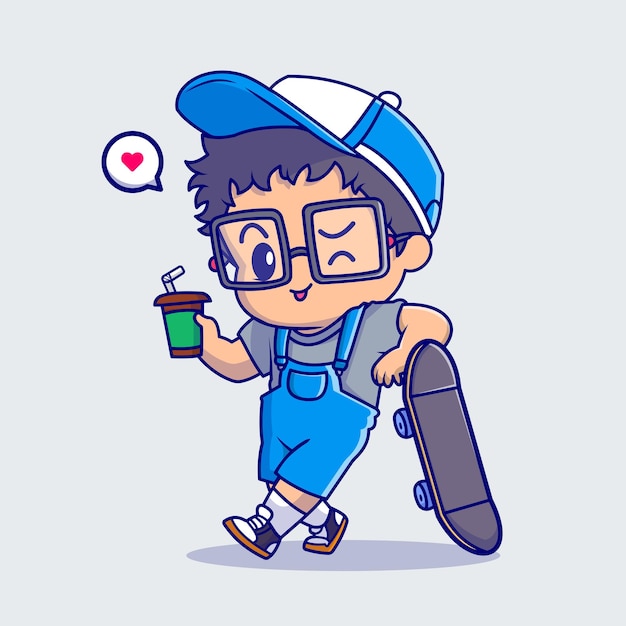 Vector cute boy holding coffee with skateboard cartoon vector icon illustration. people sport isolated flat