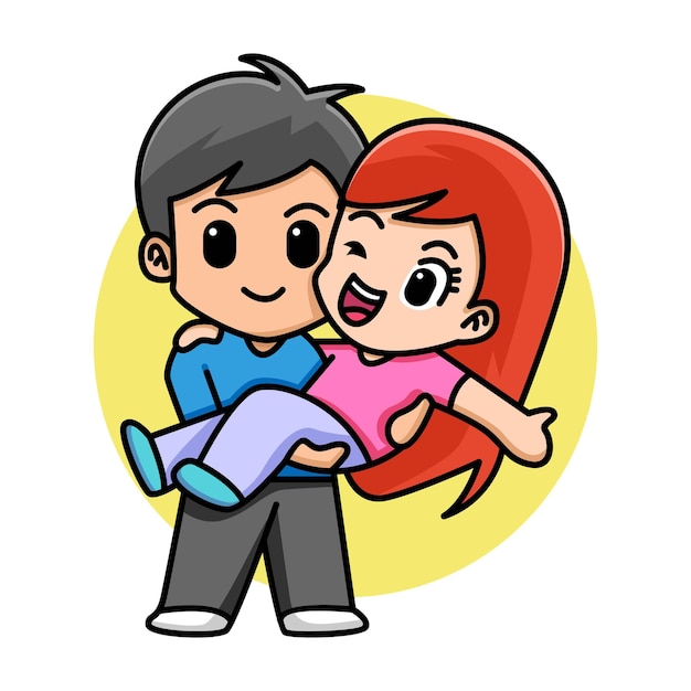 Vector cute boy holding his girlfriend cartoon illustration