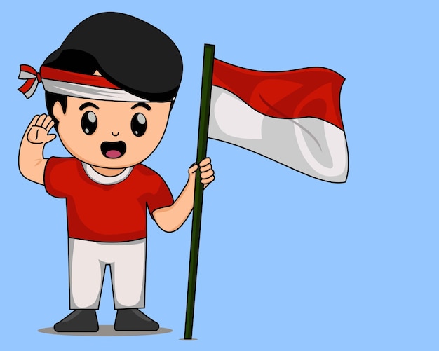 cute boy holding indonesia flag cartoon vector illustration