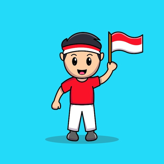 Cute boy holding Indonesian flag cartoon vector icon illustration. 17 August Indonesia Independence