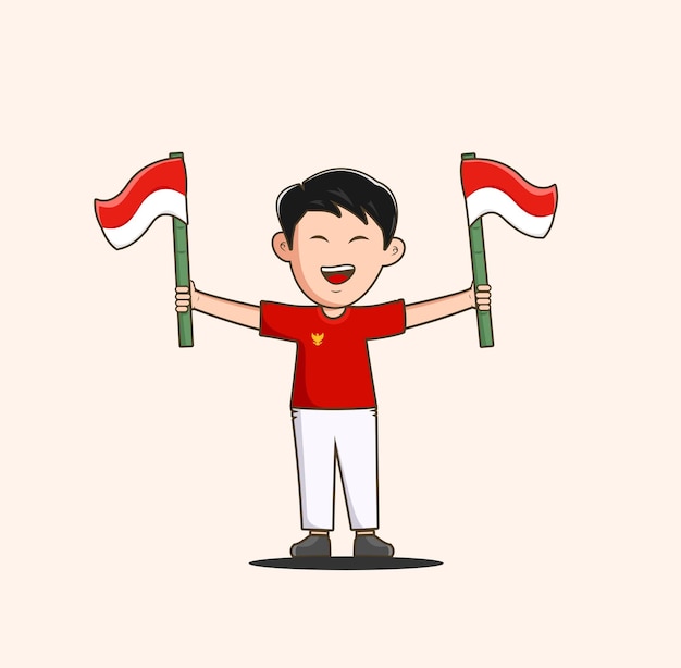 Vettore cute boy holding indonesian flag cartoon vector icon illustrazione giorno dell'indipendenza 17 agosto piatto