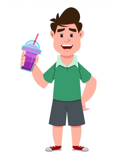 Cute boy holding juice mug