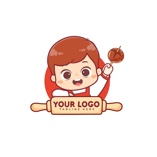 Cute boy holding Meatballs grill cartoon food logo