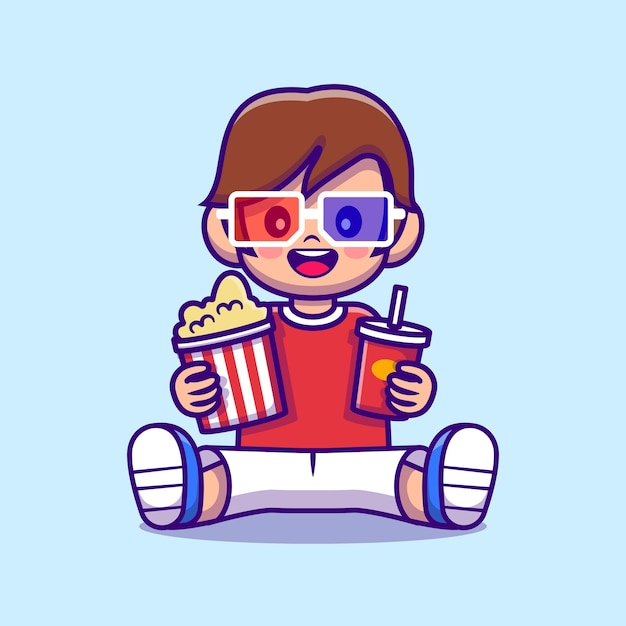 Cute Boy Holding Popcorn And Drink Cartoon Illustration