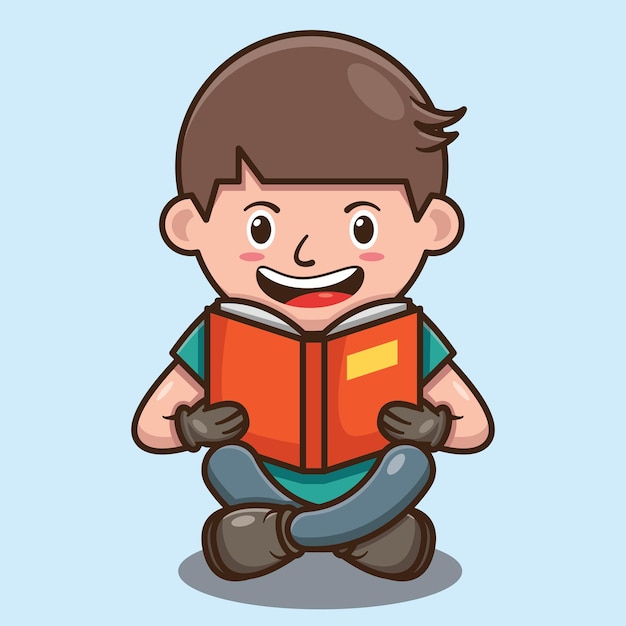 Vector cute boy holding and reading book cartoon design