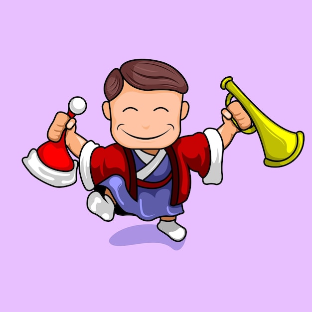 Vector cute boy holding santa hat and trumpet cartoon vector icon illustration. celebrating holiday concept