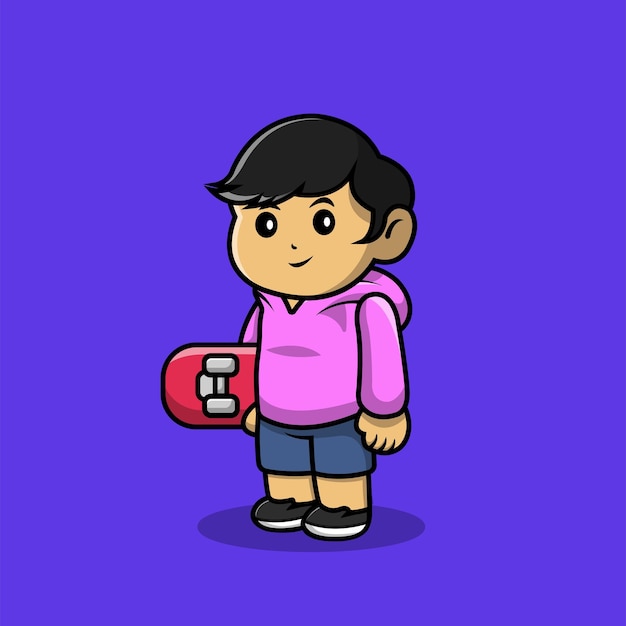 Cute Boy Holding Skateboard Cartoon Vector Icon Illustration