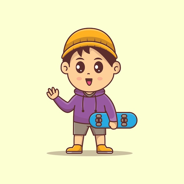 Vector cute boy holding skatebord vector kawaii illustration boy hold skateboad and headwear cartoon vector