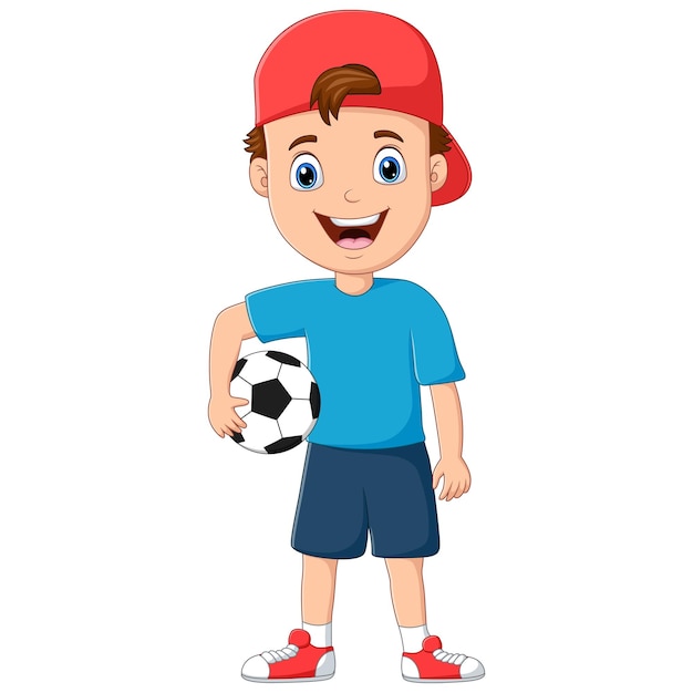 サッカー ボールのイラストを保持しているかわいい男の子