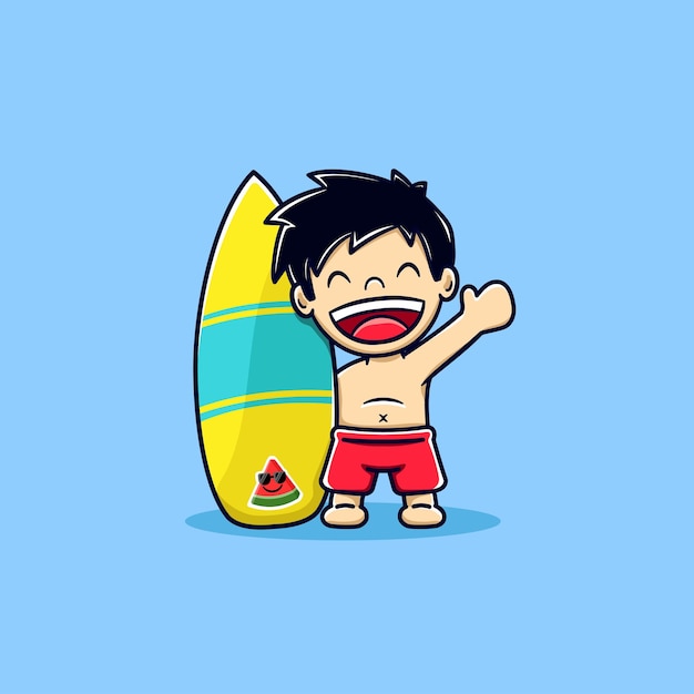 Cute boy holding surfboard in summer cartoon