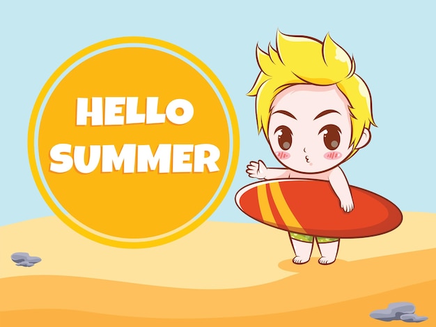 A cute boy holding a surfing board says hello summer summer greeting   illustration