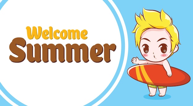 cute boy holding surfing board with a summer greeting banner