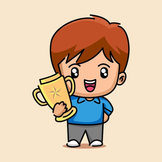 Vector cute boy holding trophy cartoon